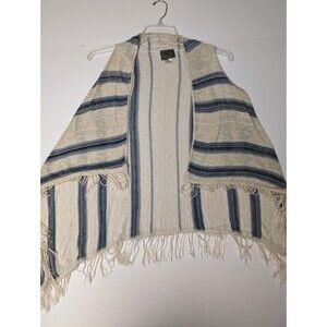 Sweet N Sinful Fringe Shawl Vest Size Medium Vertical Stripe Cream and Blue